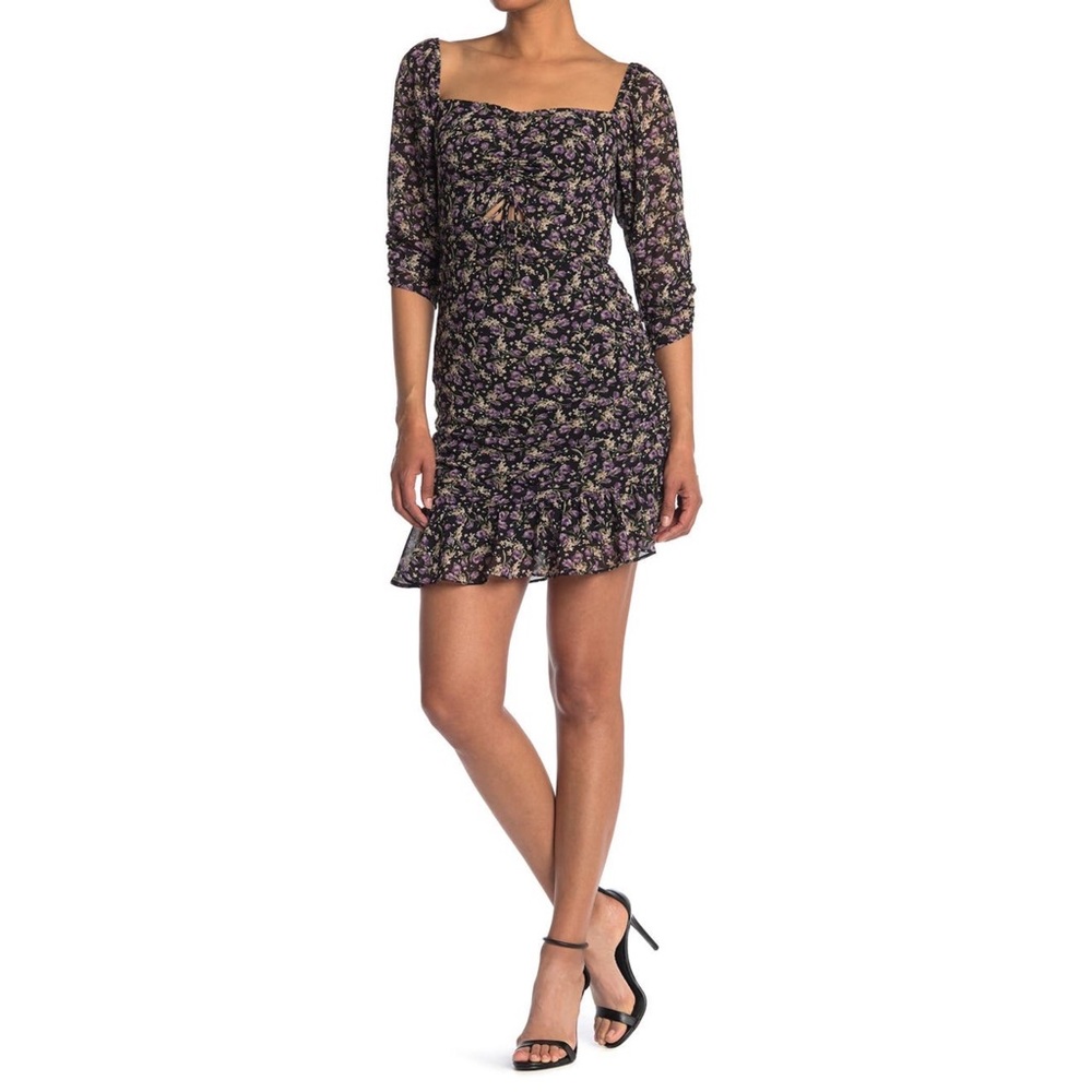 ASTR the Label Black Purple Ditsy Floral Sweetheart Cutout Asymmetrical Dress